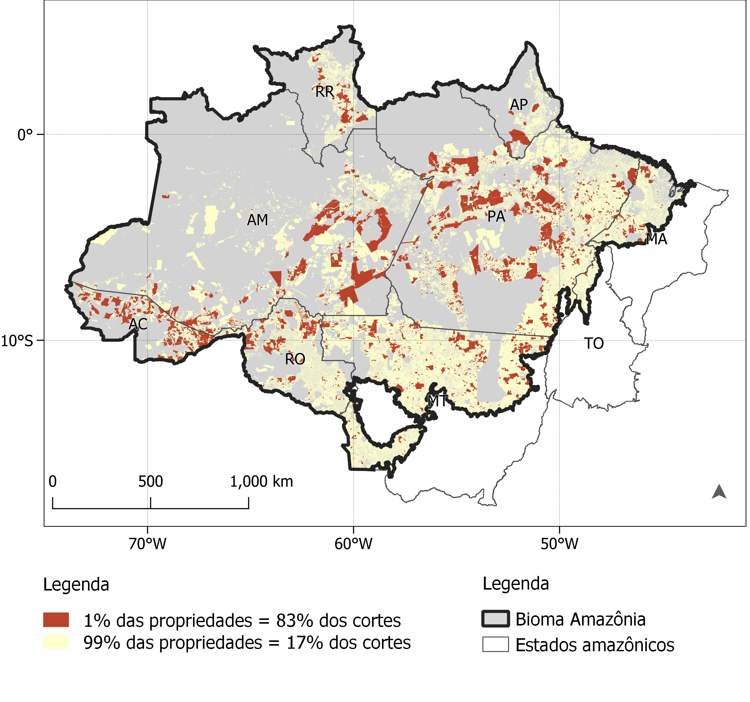 Figura 6: Localização espacial das propriedades rurais na Amazônia, com destaque para 5.054 propriedades (1% do total) responsáveis por 83% do desmatamento nas áreas registradas no CAR em 2021. Elaboração dos autores com dados Incra, CAR/SFB, Funai, ICMBio, Inpe.